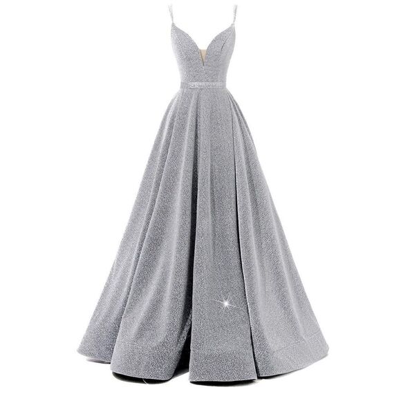 Glittery Spaghetti V-Neck Prom Dresses Long Side Split Formal Evening Gowns - Picture 1 of 8